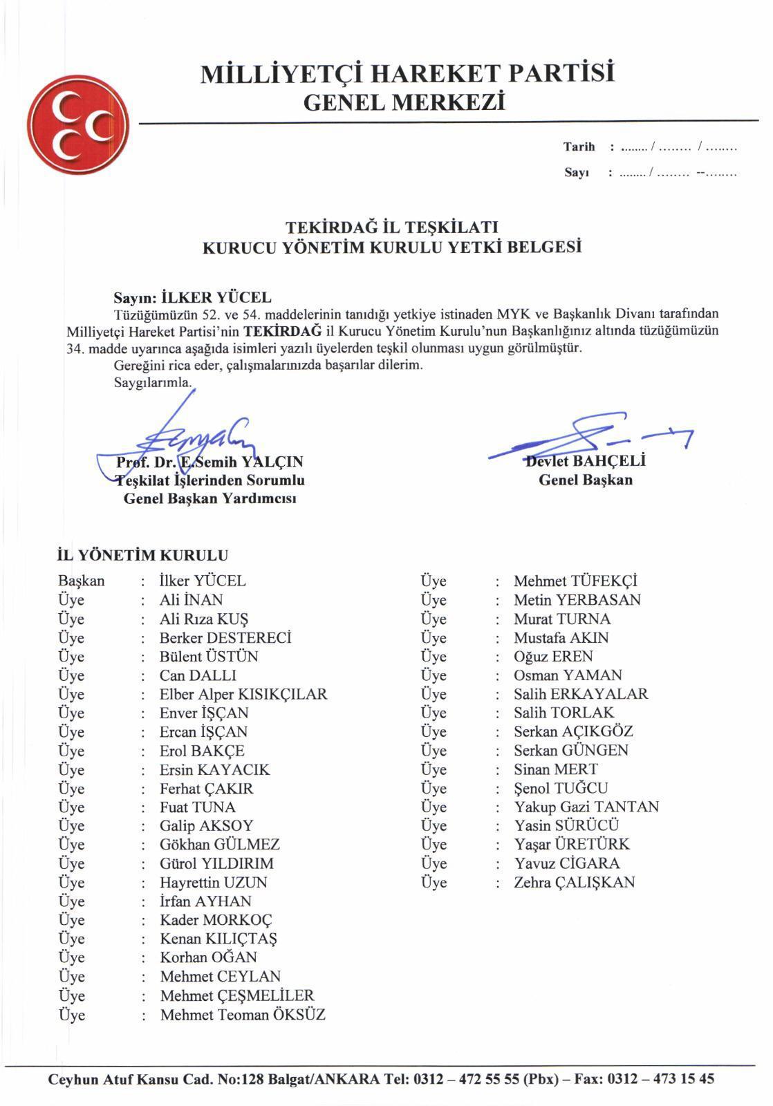 MHP İl Yönetimi Genel Merkez Tarafından Onaylandı